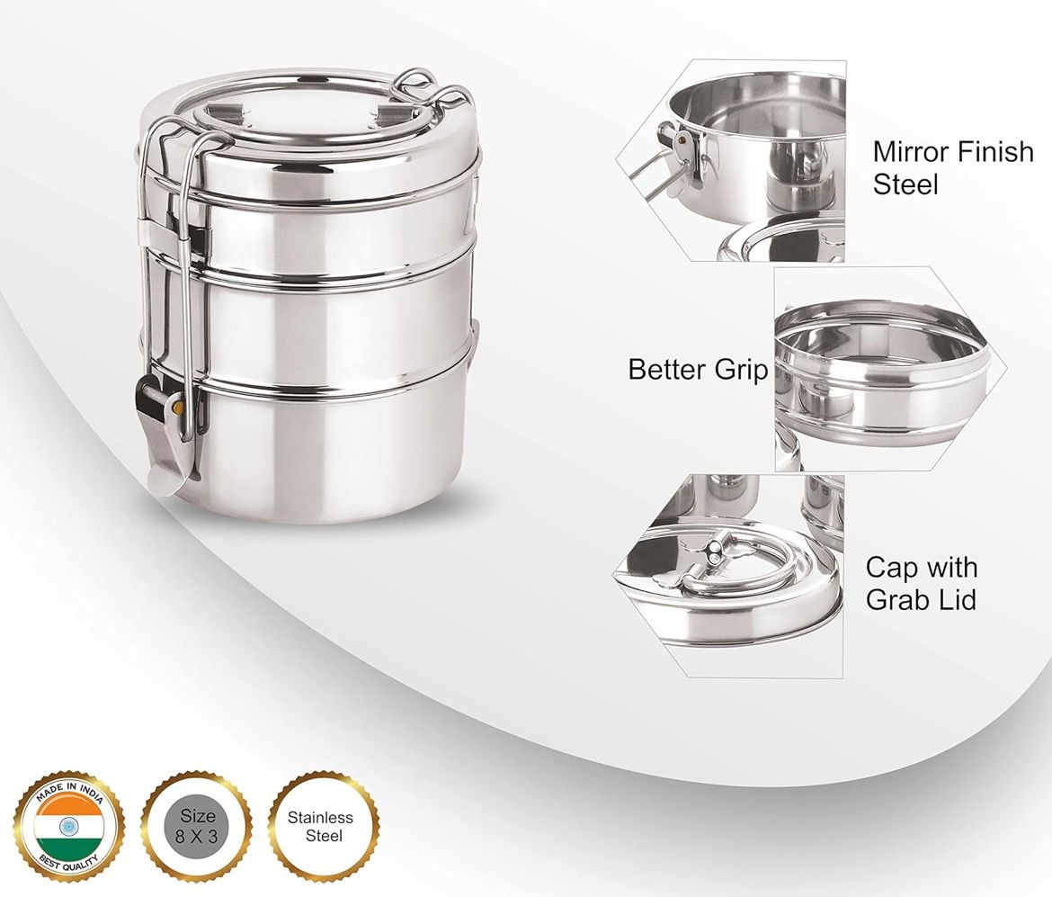 Stainless Steel Lunch Box/Tiffin with Locking Clip, 3-Tier Container, 1600 ml, Hot & Cold Leak-Proof, Compact & Durable, Perfect for Office, School, Picnic and Travel, Silver 8x3